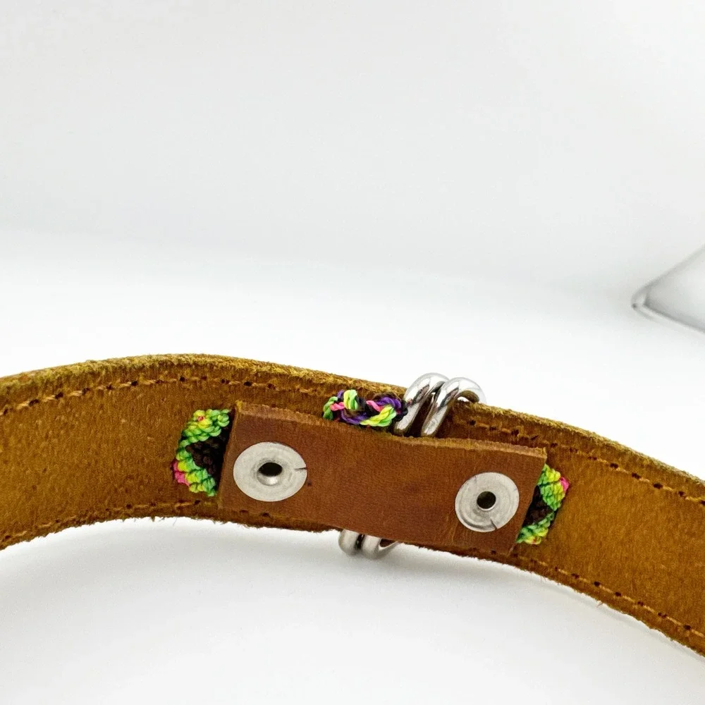Genuine Leather Dog Collar‎ Woven Aztec Pattern Adjustable Metal Buckle D Ring